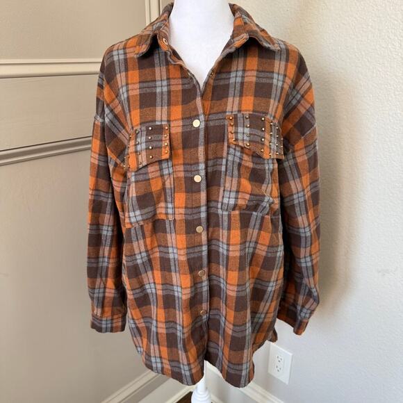 Entro Size S Flannel Snap-front Orange Brown Blue Plaid T21945 Studded Pockets - Picture 1 of 6